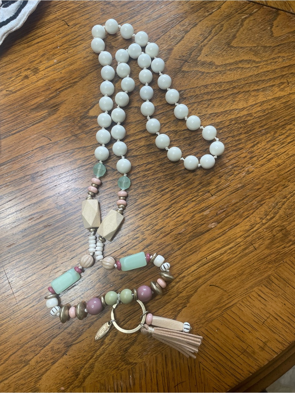 Beaded Tassel Pendant Necklace and Bracelet Set - Pink, Mint & White